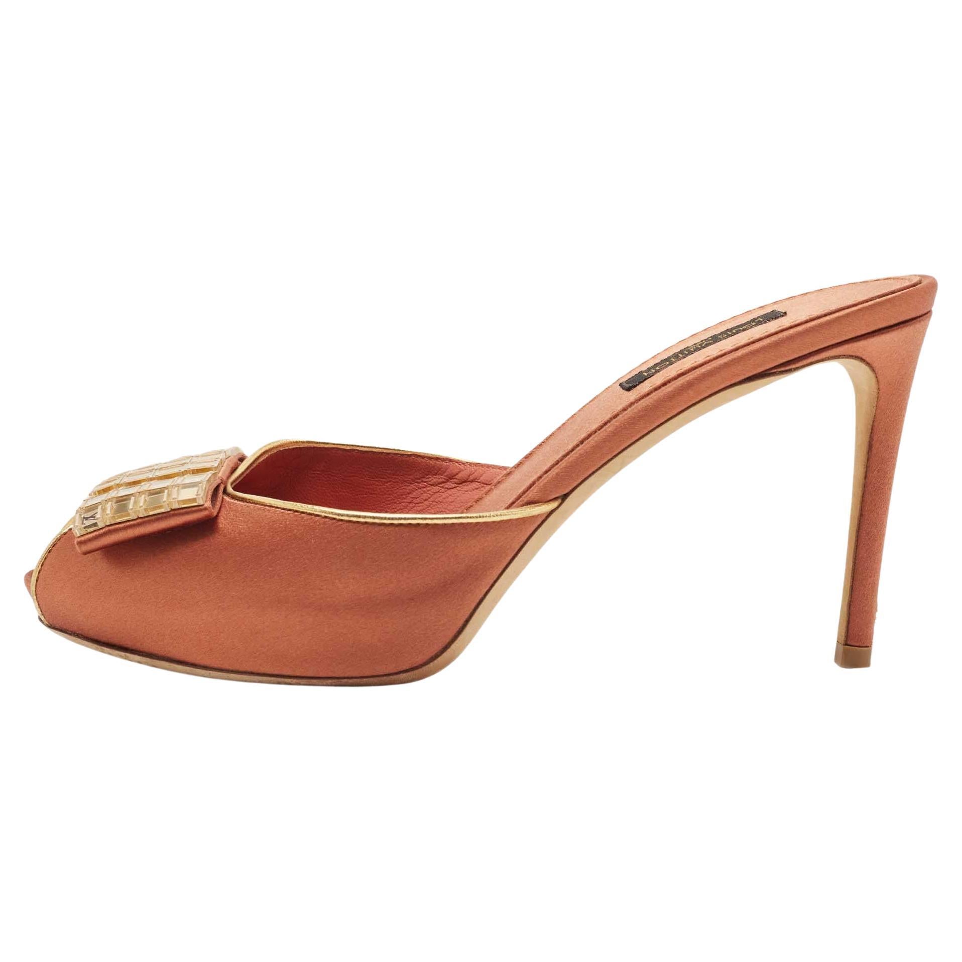 Louis Vuitton Brown Satin Embellished Peep Toe Slide Sandals Size 38 For Sale