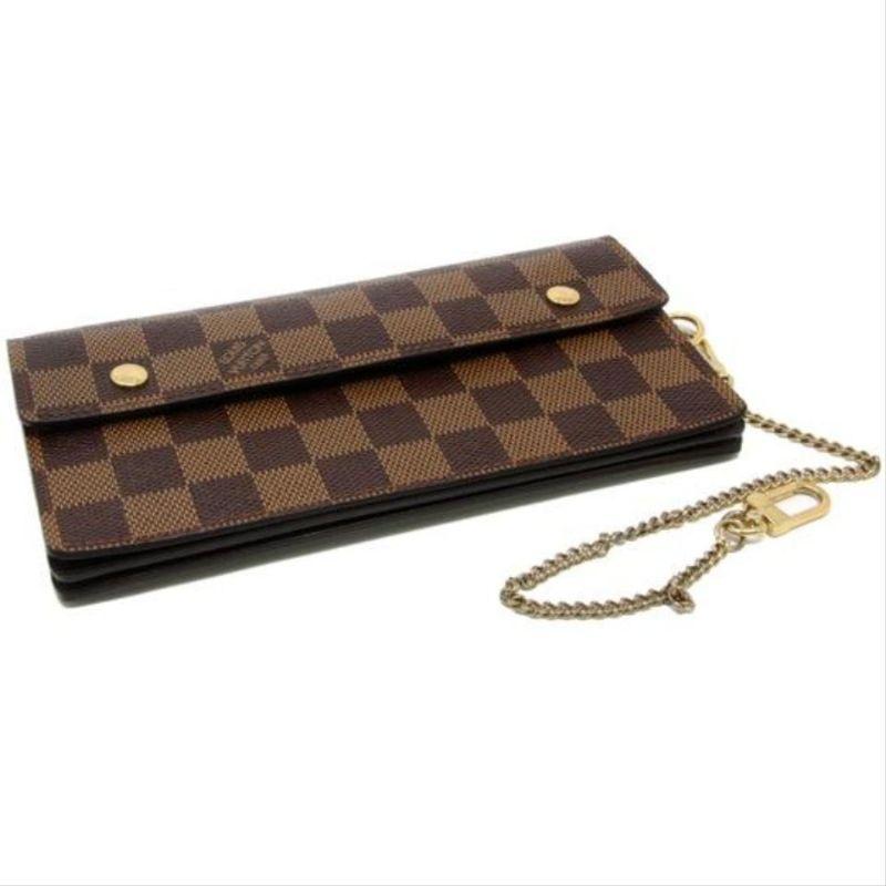 Louis Vuitton Brown Signature Monogram Damier Accordeon GM Chain Gold Wallet In Good Condition For Sale In Downey, CA