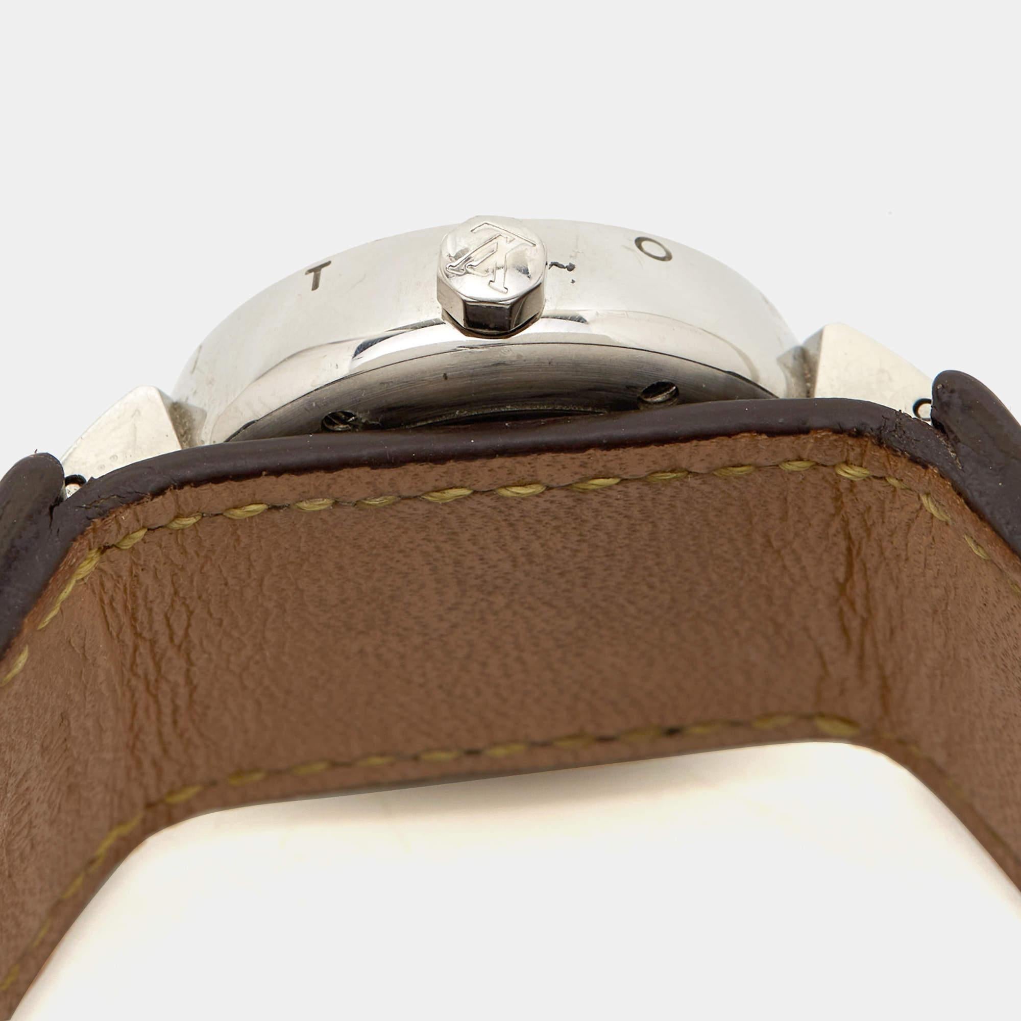Louis Vuitton Brown Stainless Steel Leather Tambour Q1211 Women's Wristwatch 28  In Good Condition In Dubai, Al Qouz 2