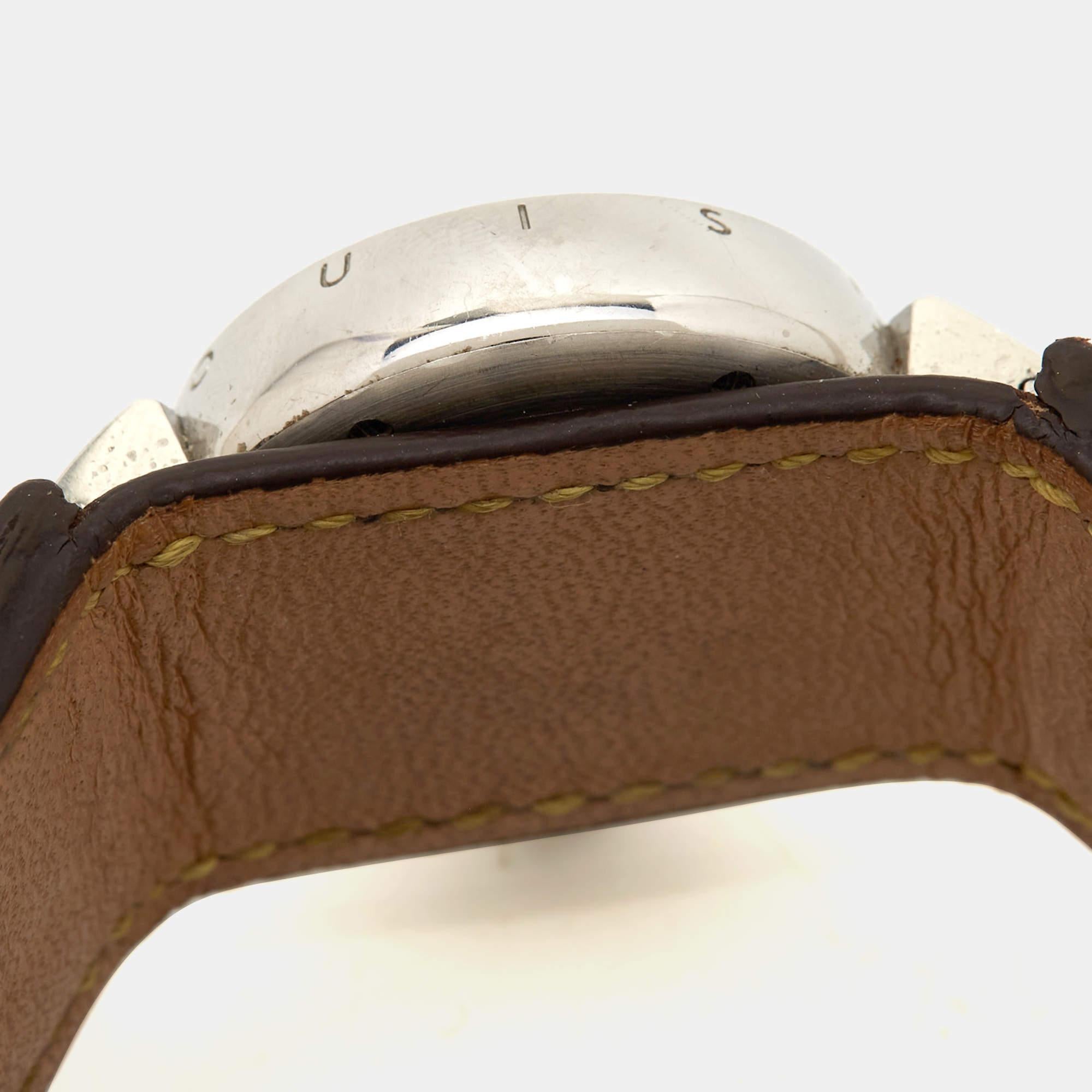 Louis Vuitton Brown Stainless Steel Leather Tambour Q1211 Women's Wristwatch 28  1