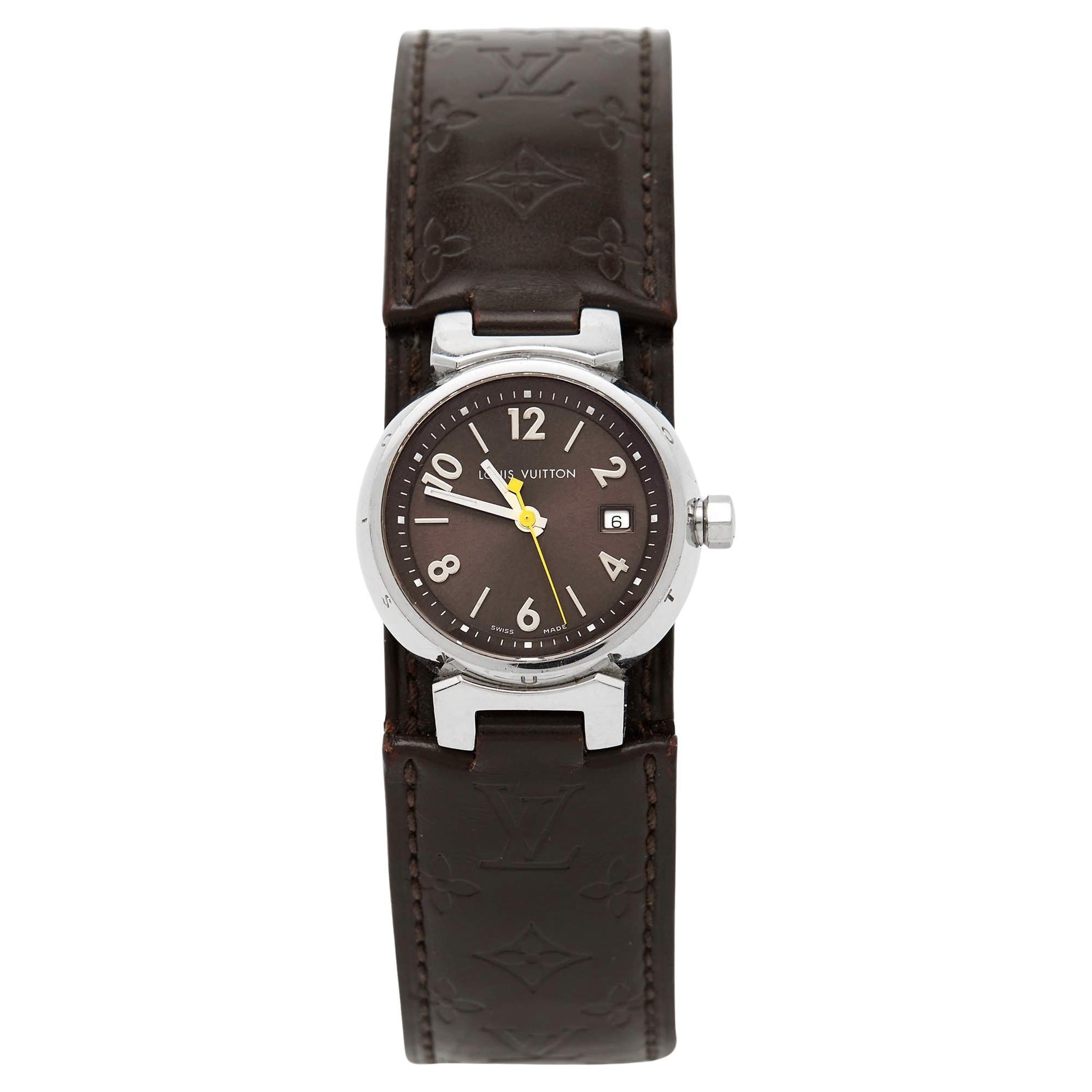 Louis Vuitton Brown Stainless Steel Leather Tambour Q1211 Women's Wristwatch 28 