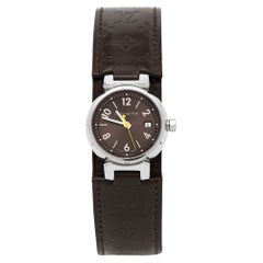 Louis Vuitton Brown Stainless Steel Leather Tambour Q1211 Women's Wristwatch 28 