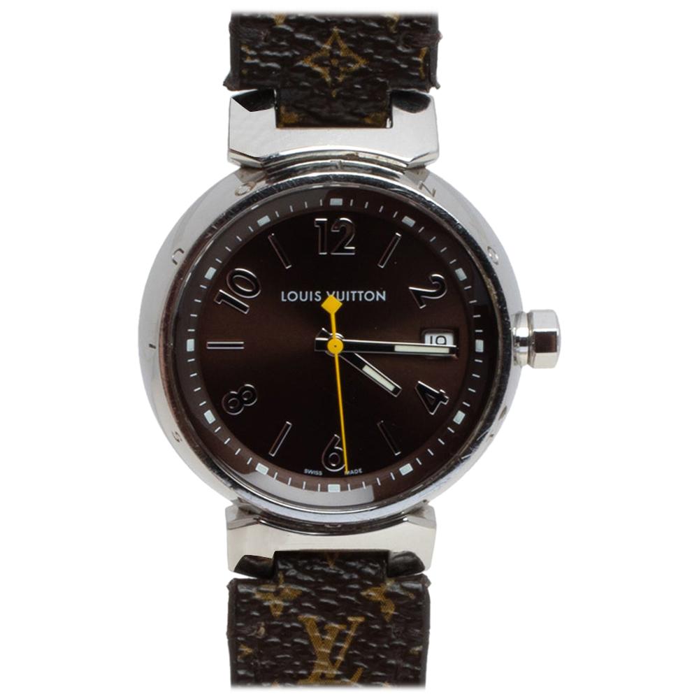 Louis Vuitton Brown Stainless Steel Monogram Leather Women's Wristwatch 34mm