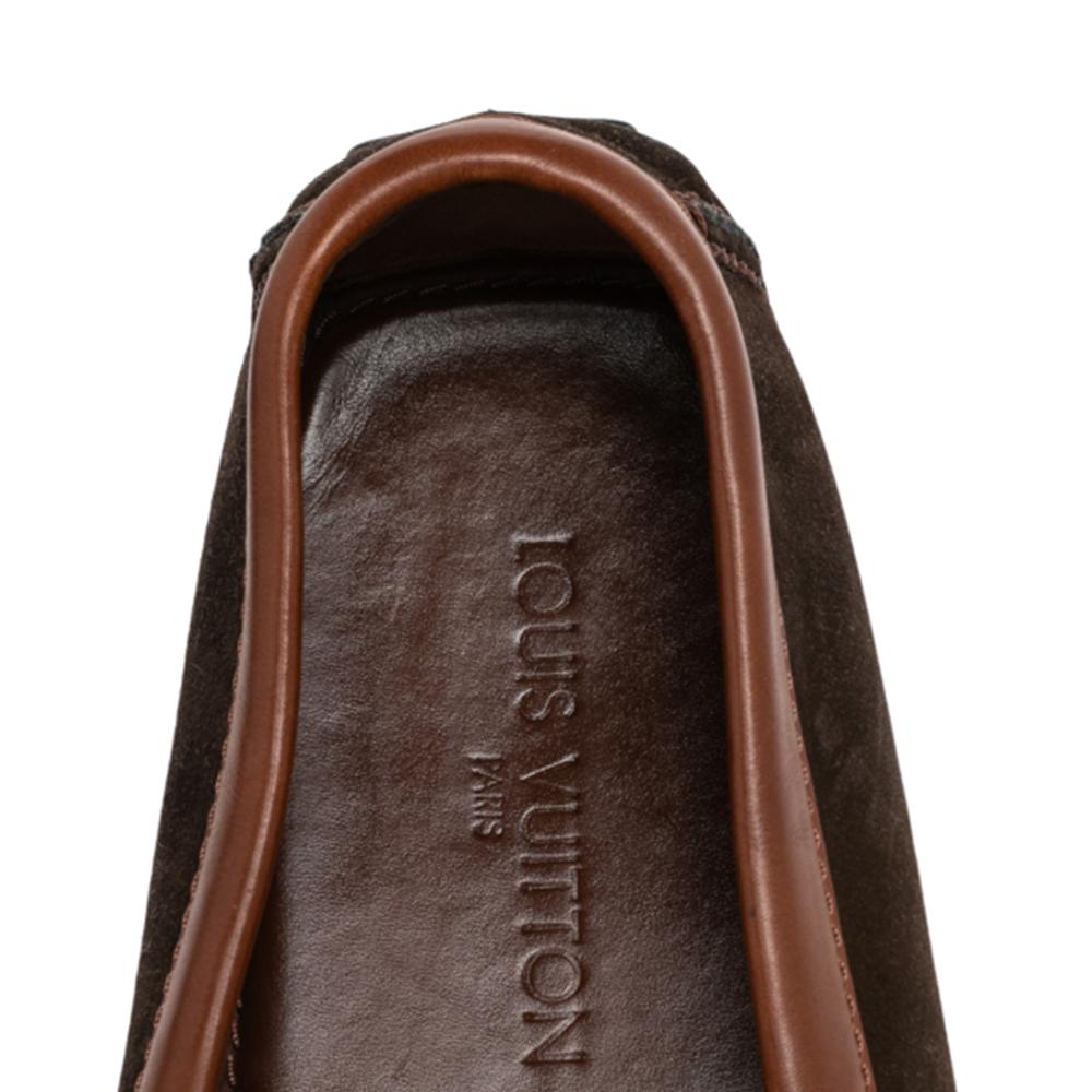 Louis Vuitton Brown Suede And Leather Hockenhein Slip On Loafers Size 45 In Good Condition In Dubai, Al Qouz 2