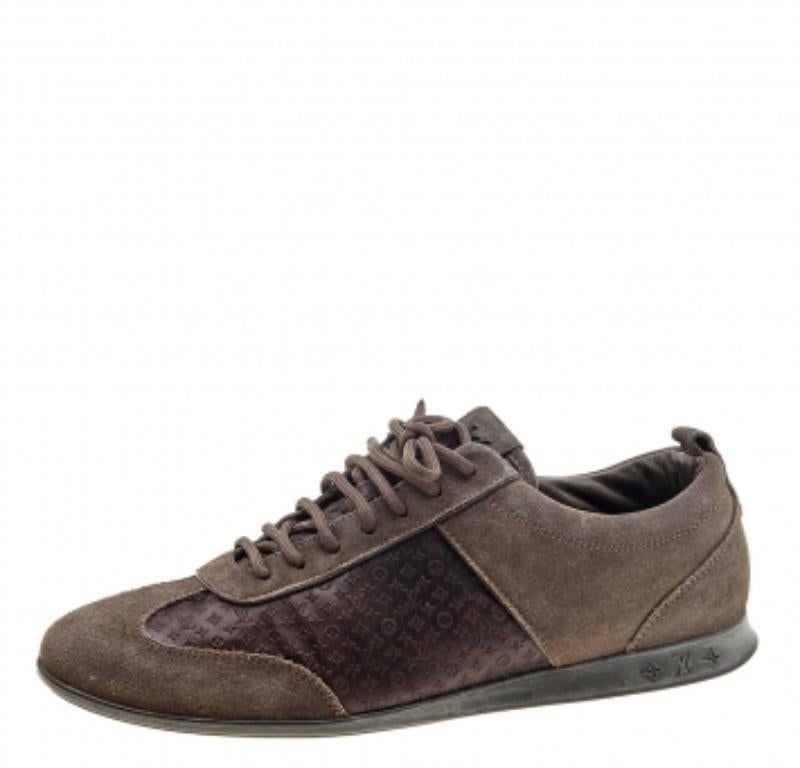 Louis Vuitton Brown Suede And Monogram Satin Low Top Sneakers Size 37.5 In Fair Condition For Sale In Dubai, Al Qouz 2