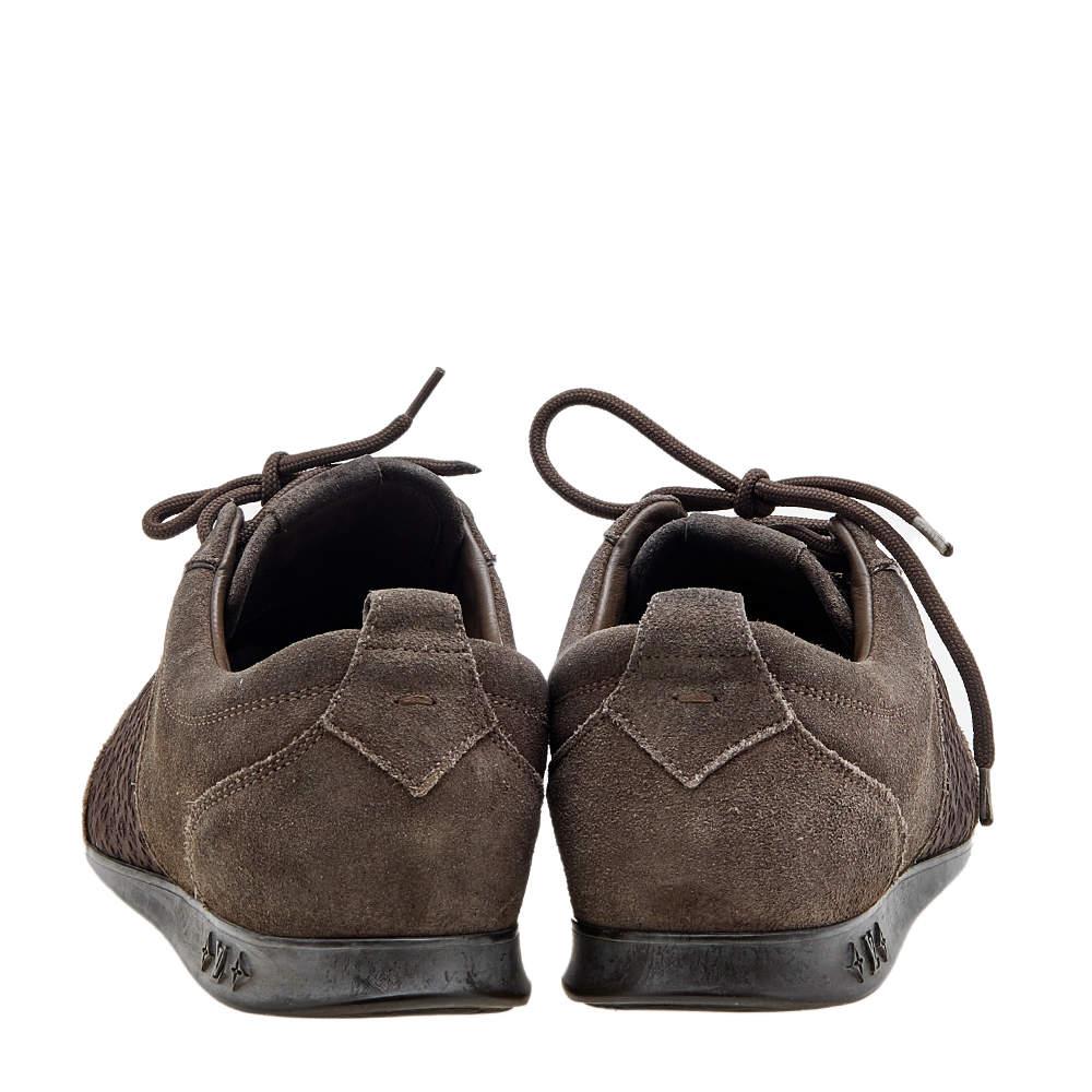Louis Vuitton Brown Suede And Monogram Satin Low Top Sneakers Size 37.5 In Fair Condition In Dubai, Al Qouz 2