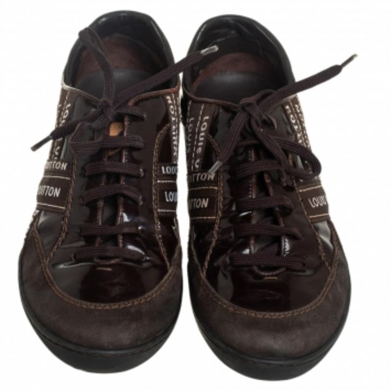 Louis Vuitton Brown Suede And Patent Leather Low Top Sneaker Size 39 In Good Condition For Sale In Dubai, Al Qouz 2