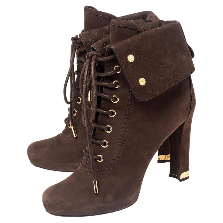 Louis Vuitton Brown Suede Empreinte Fold Over Lace Up Ankle Boots Size 38  at 1stDibs