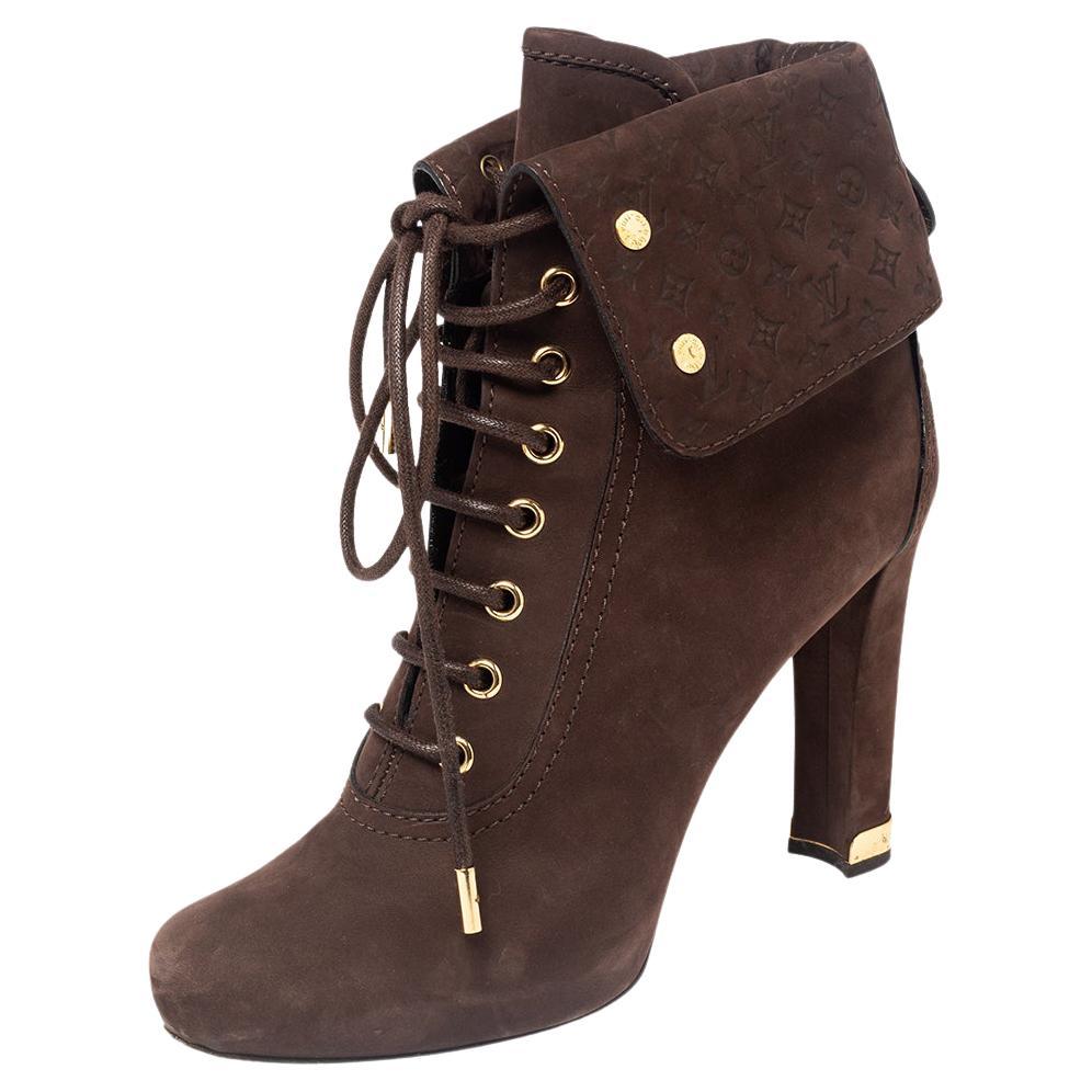 Louis Vuitton Brown Suede Empreinte Fold Over Lace Up Ankle Boots Size 38