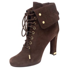 Louis Vuitton Brown Suede Empreinte Fold Over Lace Up Ankle Boots Size 38