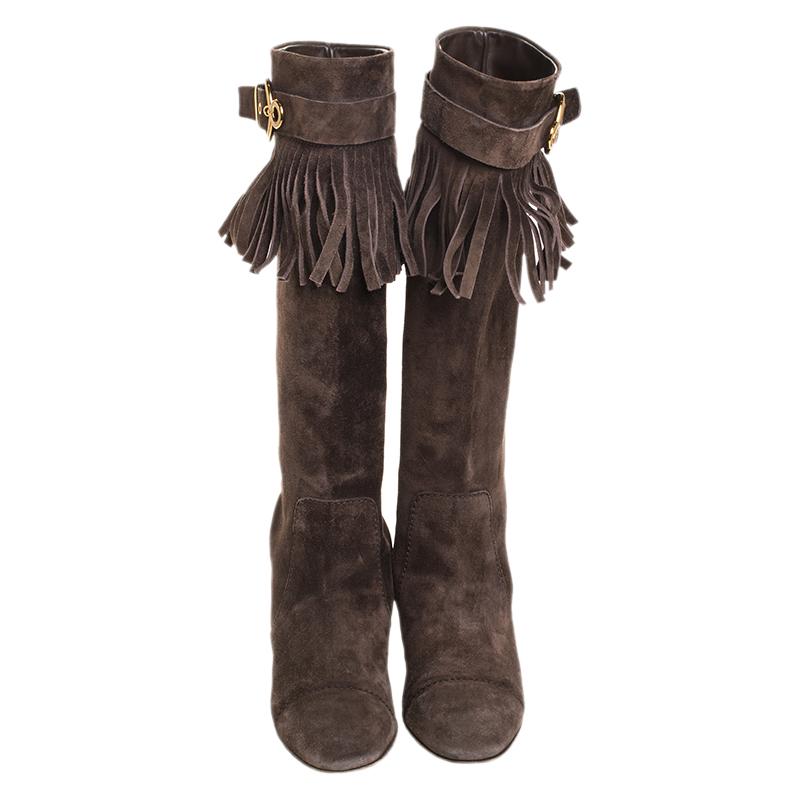 Black Louis Vuitton Brown Suede Fringe Buckle Detail Knee Length Boots Size 38