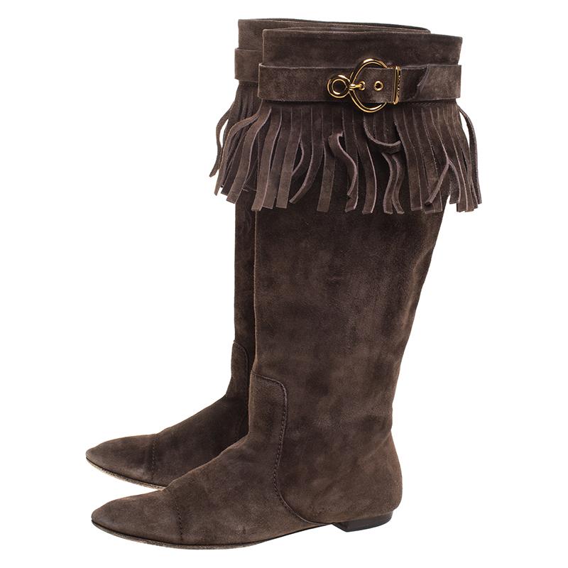 Louis Vuitton Brown Suede Fringe Buckle Detail Knee Length Boots Size 38 2