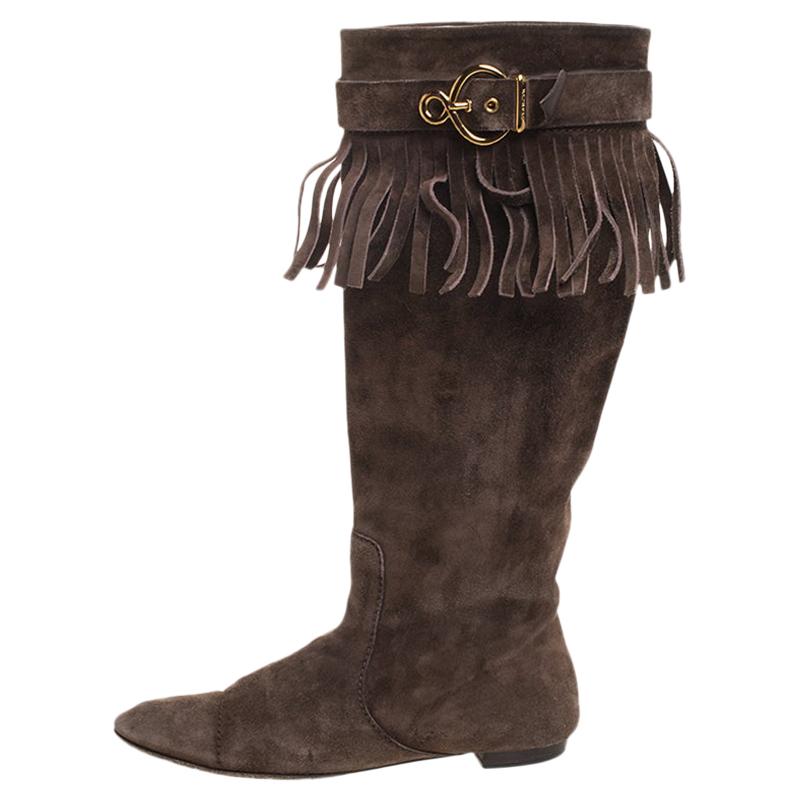 Louis Vuitton Brown Suede Fringe Buckle Detail Knee Length Boots Size 38