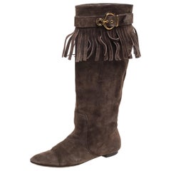 Louis Vuitton Brown Suede Fringe Buckle Detail Knee Length Boots Size 38