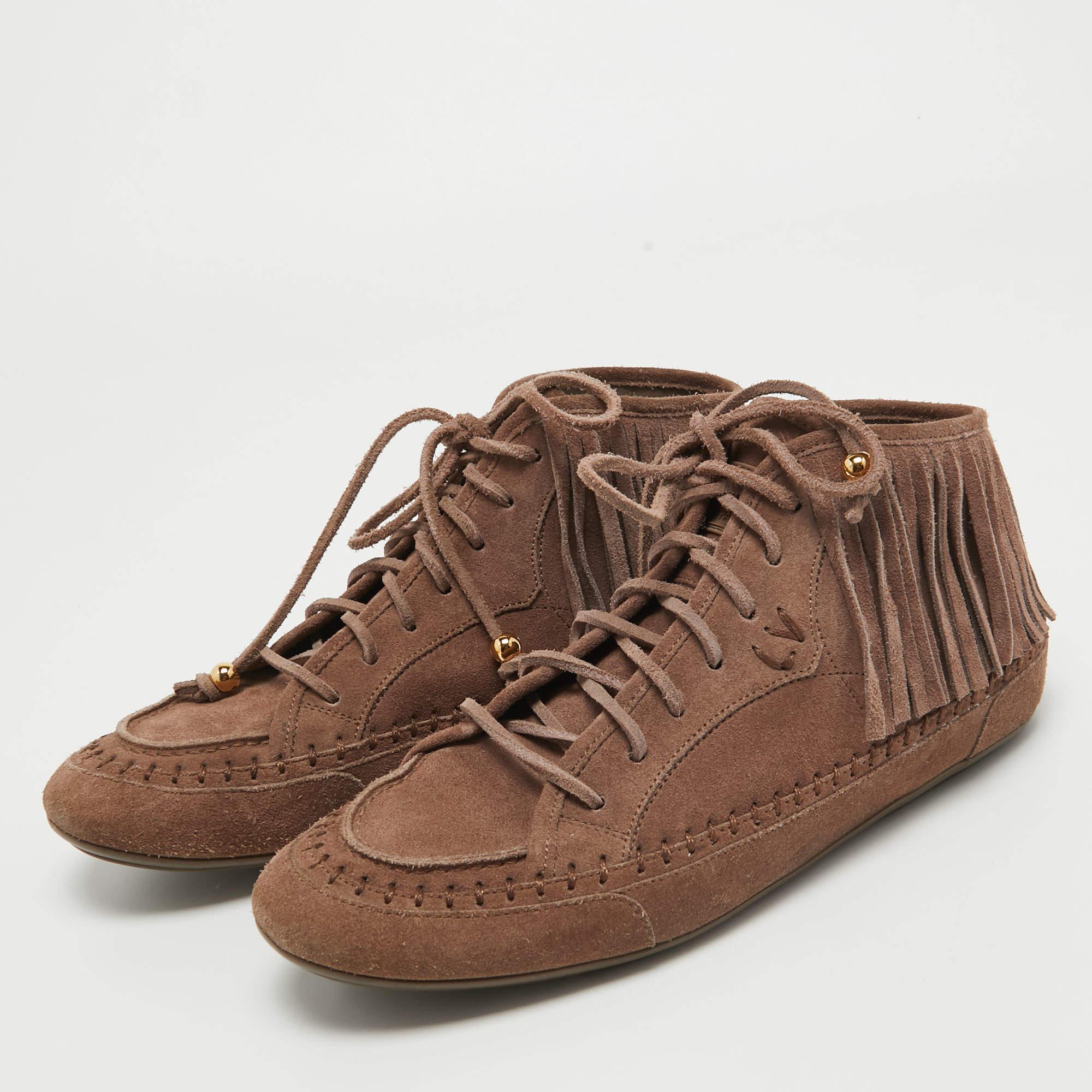 Louis Vuitton Brown Suede Fringe Details High Sneakers Size 39 For Sale 4