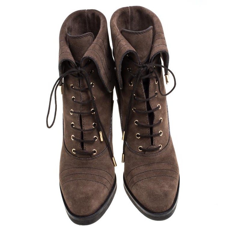 Louis Vuitton Brown Suede Lace Up Ankle Boots Size 38 For Sale at 1stDibs