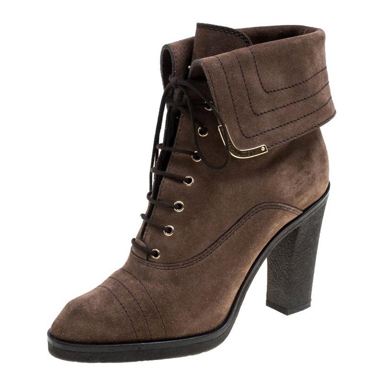 Louis Vuitton Brown Suede Lace Up Ankle Boots Size 38 For Sale at 1stDibs