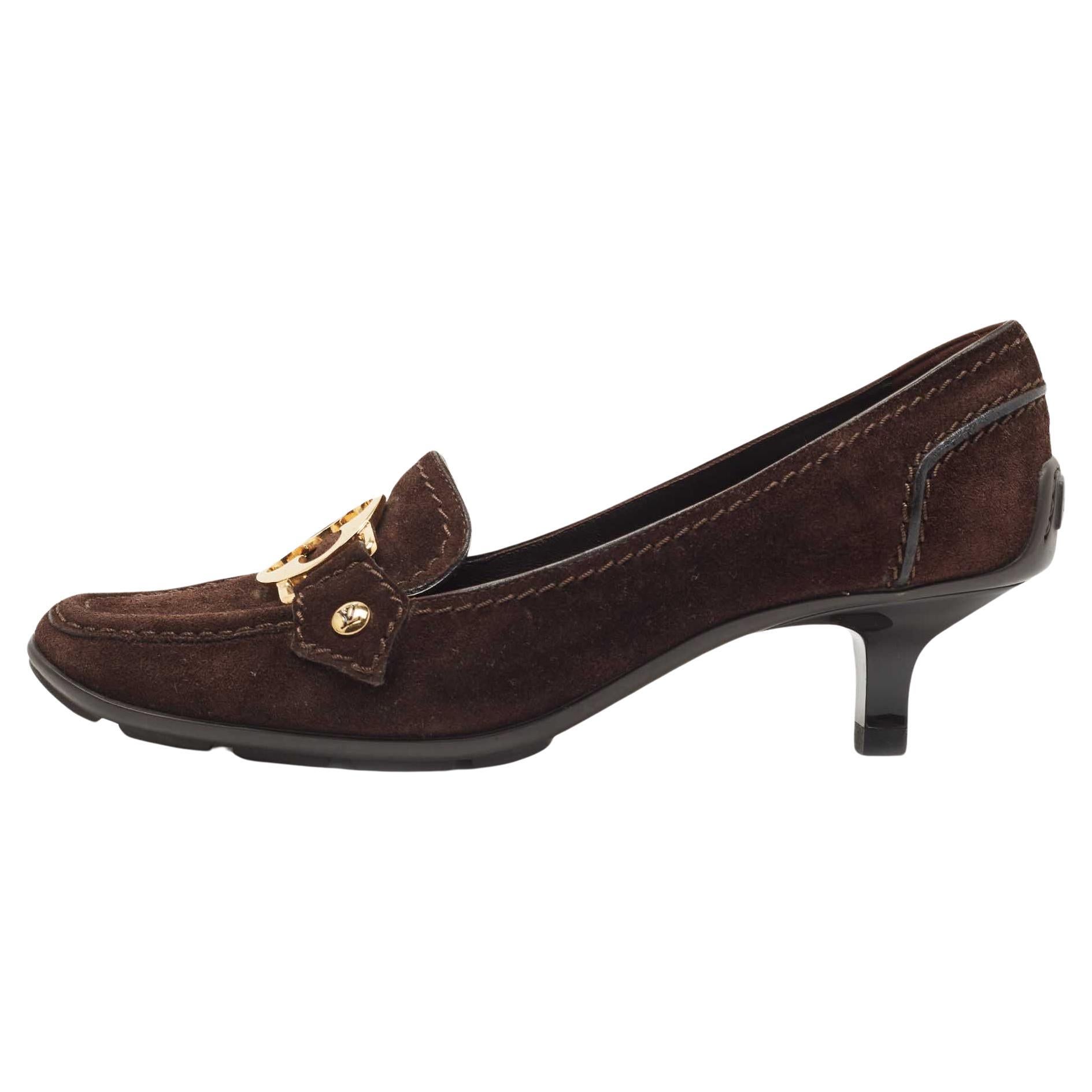 Louis Vuitton Brown Suede Leather Loafer Pumps Size 36 For Sale