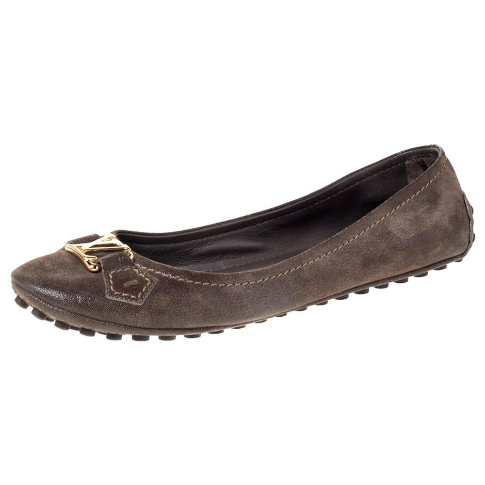 Louis Vuitton Brown Suede Leather Oxford Ballet Flats Size 38.5