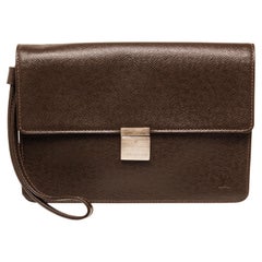 Louis Vuitton Brown Taiga Leather Selenga Pouch Bag with silver-tone hardware