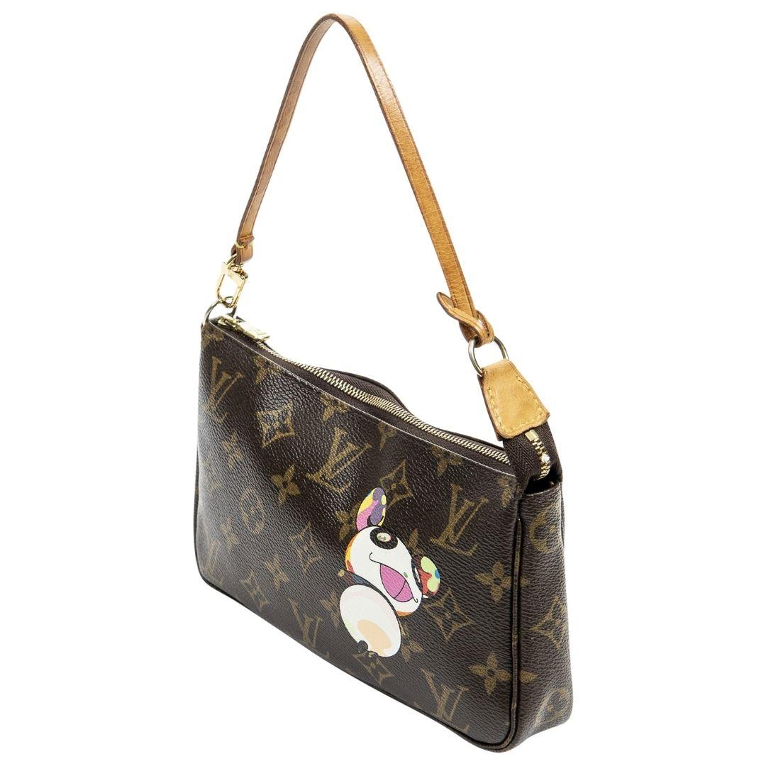 A playful coated canvas pochette adorned with the Takashi Murakami panda print, finished with gold-tone brass hardware and a zipper top.

SPECIFICS
Length: 8.3
Width: 1.2
Height: 5.1
Strap drop: 6
Authenticity code: VI0074 (July 2004)
Comes with: