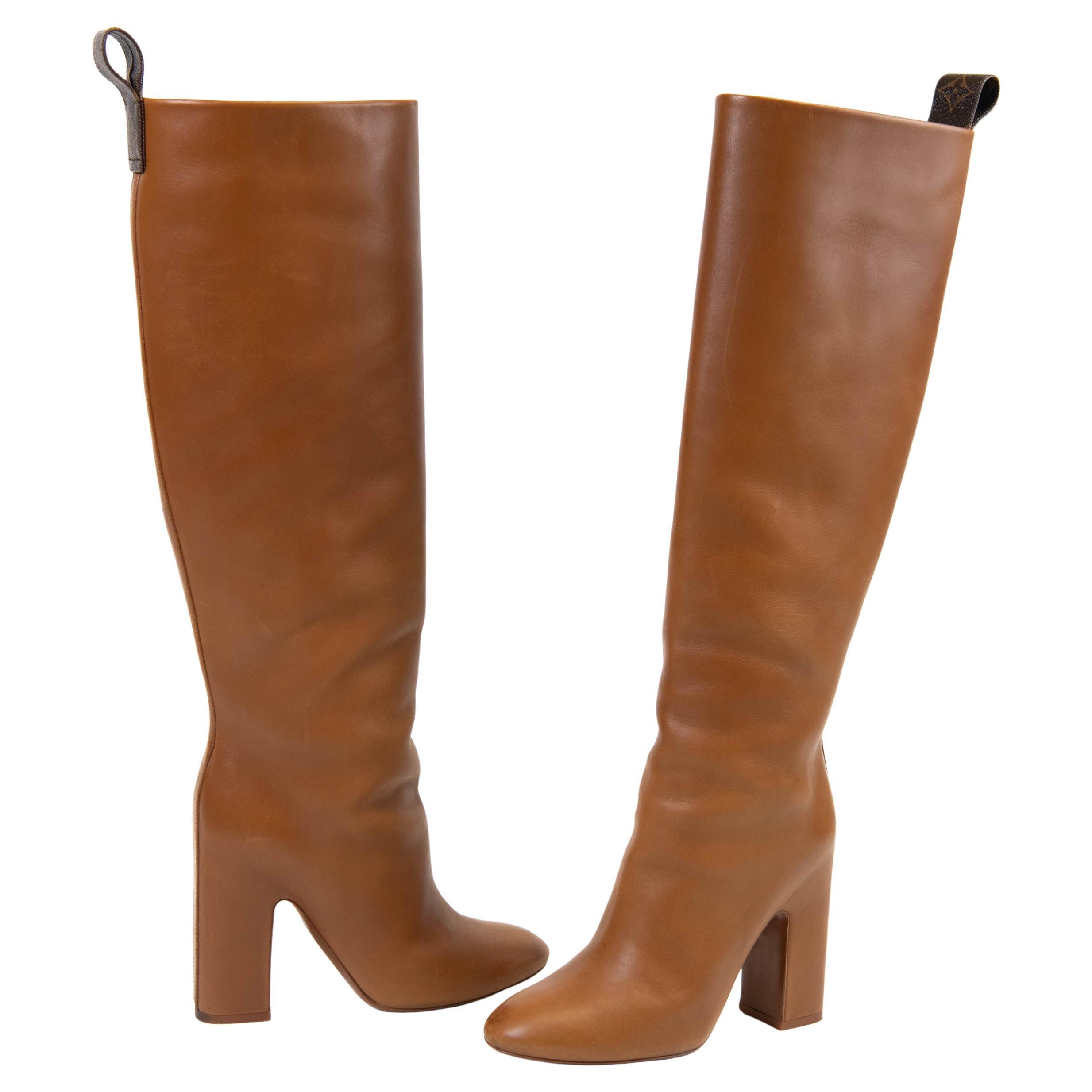 Louis Vuitton Brown Tall Leather Monogram Canvas Pulls Boots Size 36