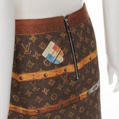 LOUIS VUITTON braun Vintage Trunk Monogram Druck A-Linie Baumwolle Rock FR34 XS
