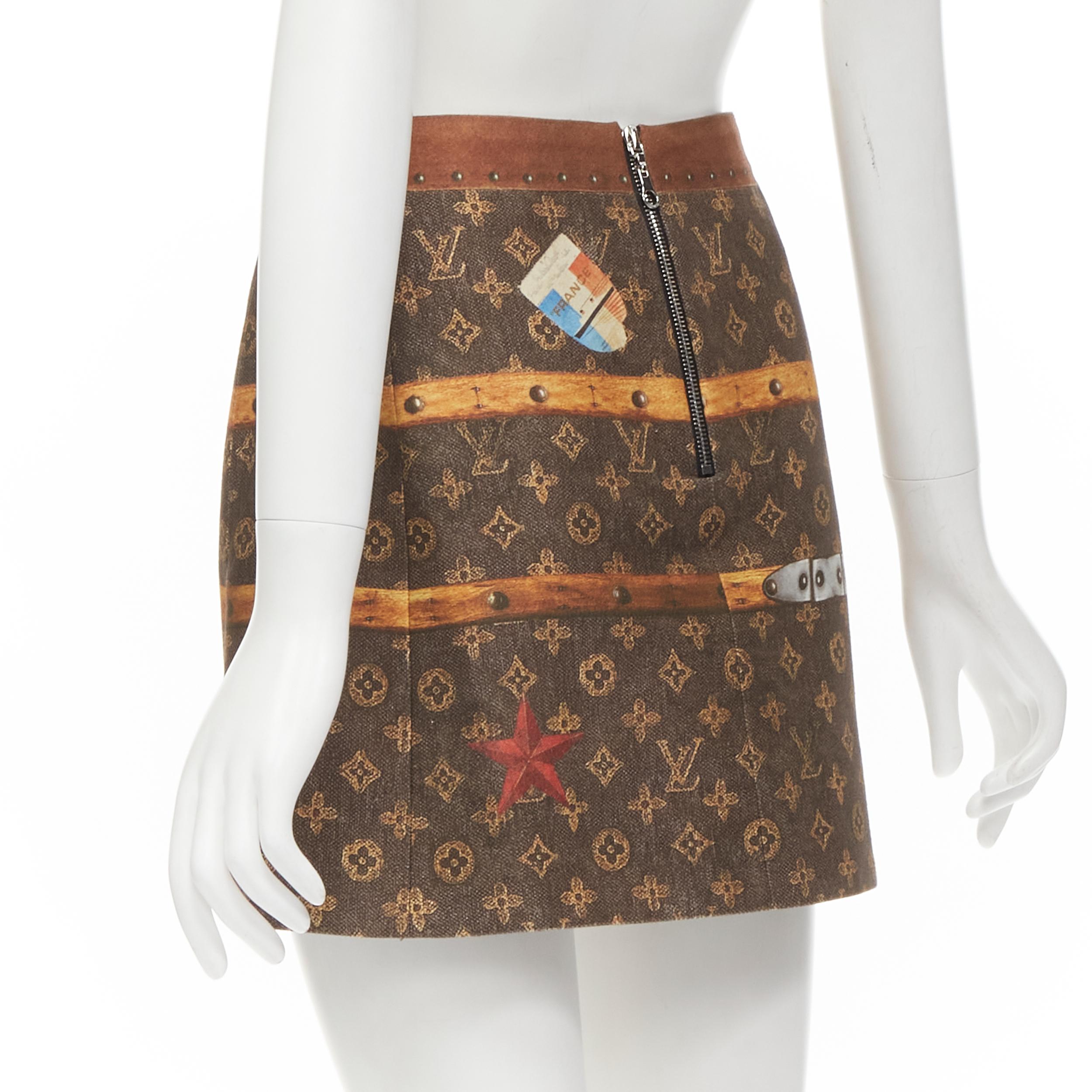 LOUIS VUITTON brown Vintage Trunk Monogram print A-line cotton skirt FR34 XS In Excellent Condition In Hong Kong, NT