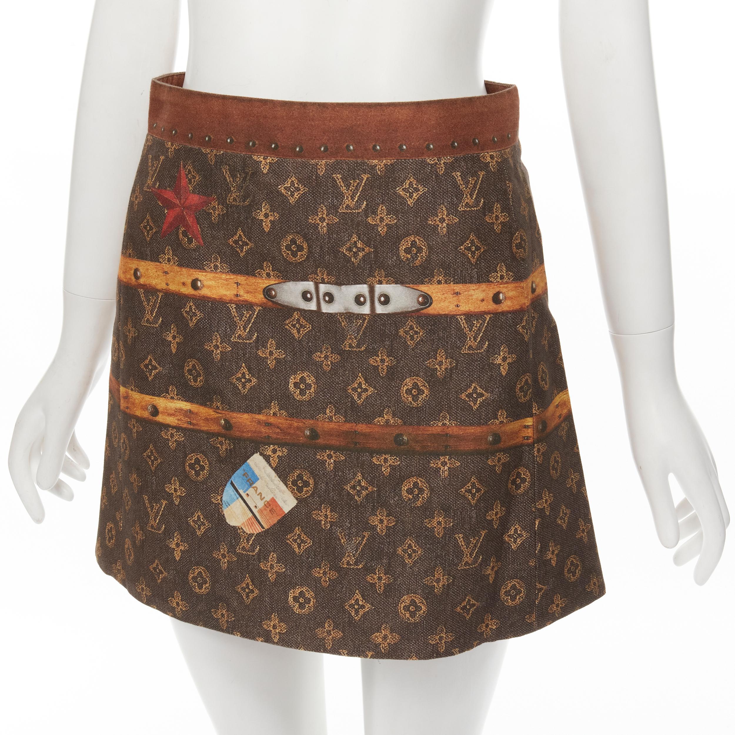 Women's LOUIS VUITTON brown Vintage Trunk Monogram print A-line cotton skirt FR34 XS