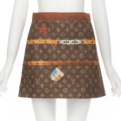 LOUIS VUITTON brown Vintage Trunk Monogram print A-line cotton skirt FR34 XS