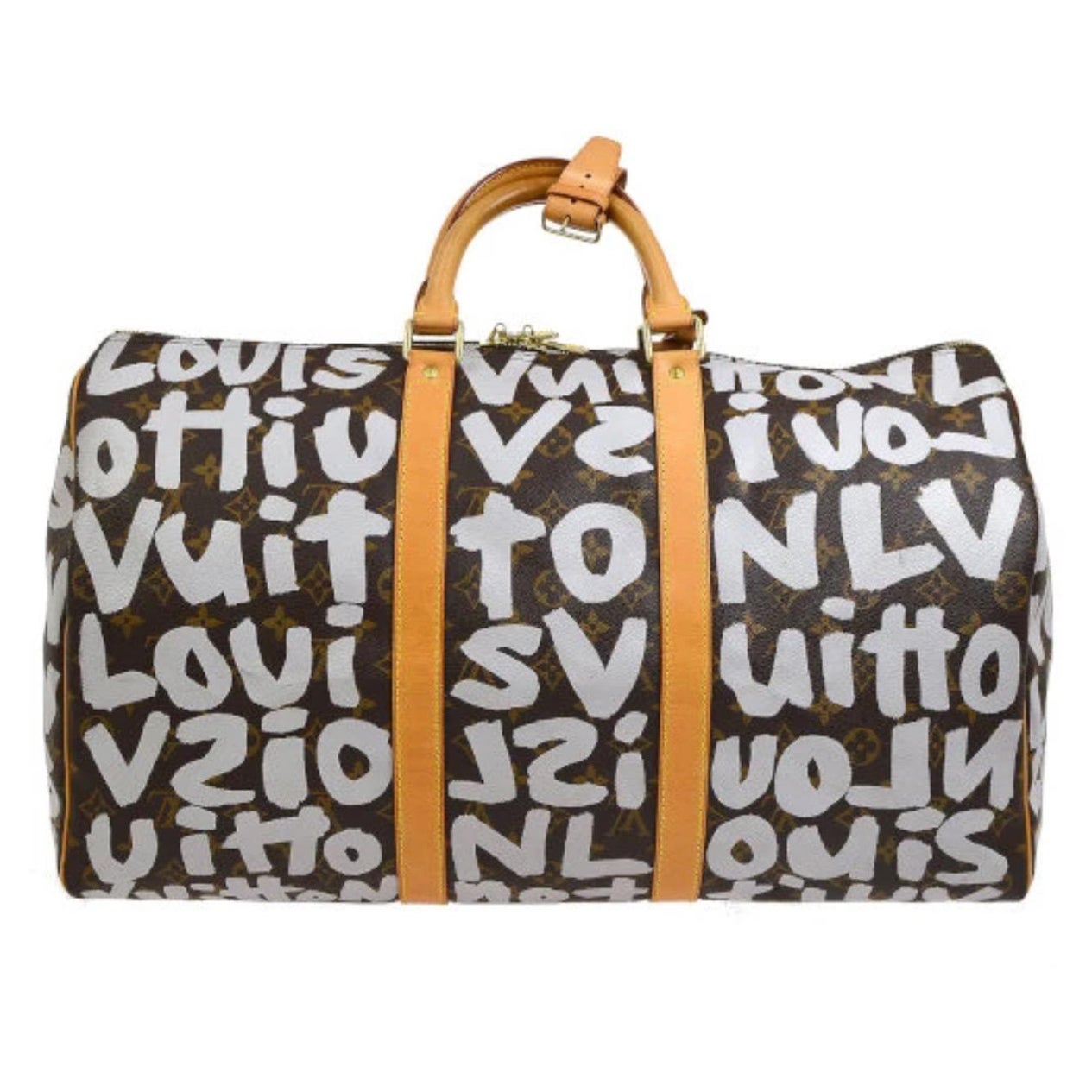 Travel Weekend Duffle Bag von Louis Vuitton, braun-weiße Graffiti Sprouse Carryall im Angebot