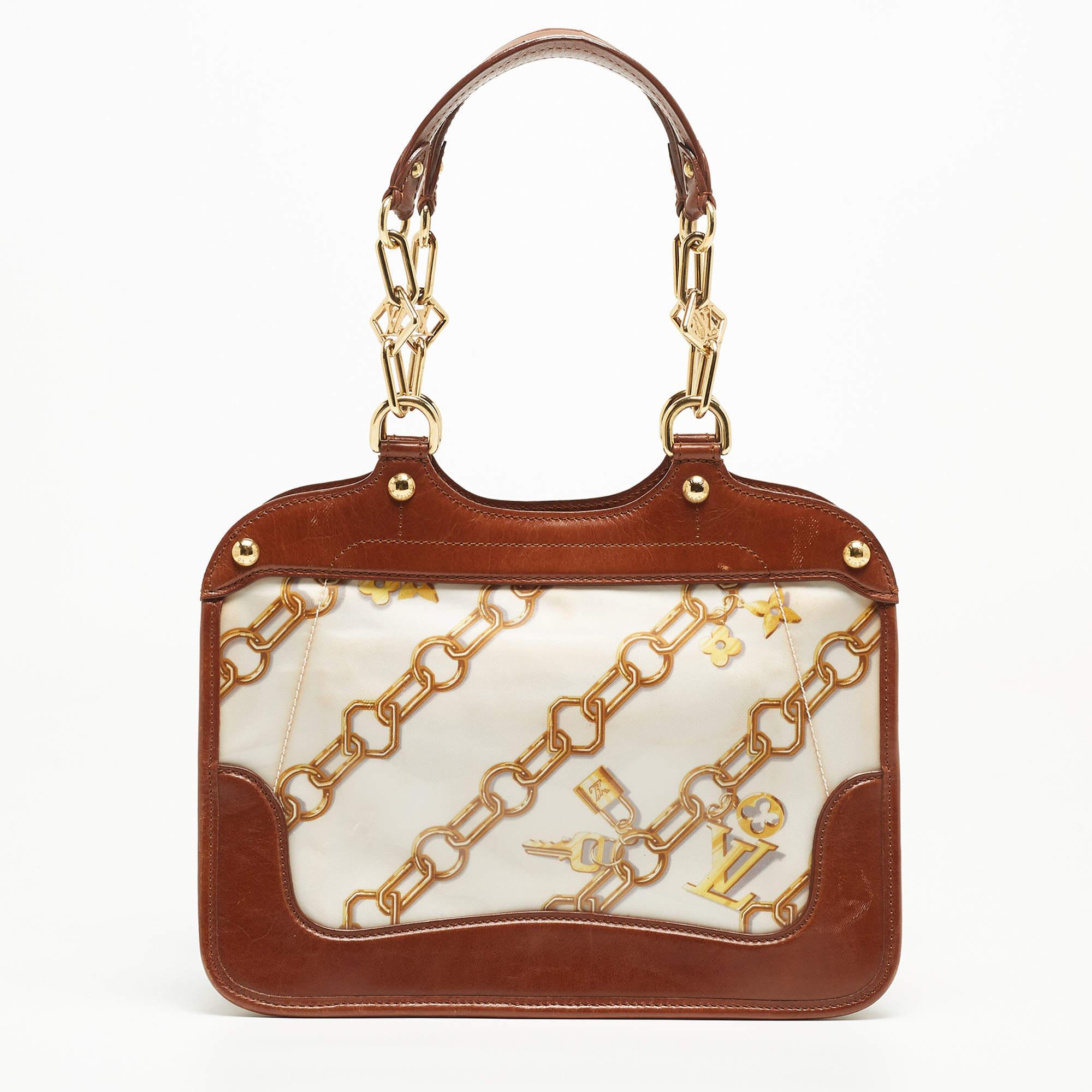 Beige Louis Vuitton Brown/White Monogram Charms Leather and Vinyl Linda Bag en vente