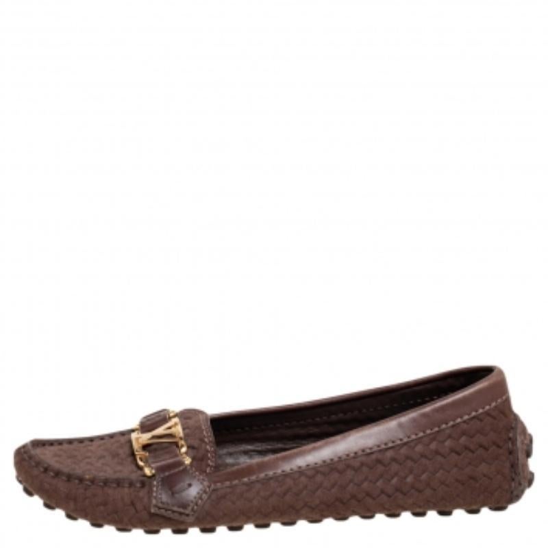 Black Louis Vuitton Brown Woven Suede and Leather Slip-On Oxford Loafers Size 35.5 For Sale