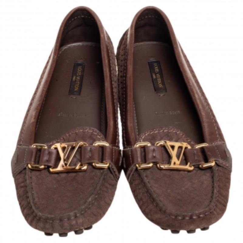 Women's Louis Vuitton Brown Woven Suede and Leather Slip-On Oxford Loafers Size 35.5 For Sale