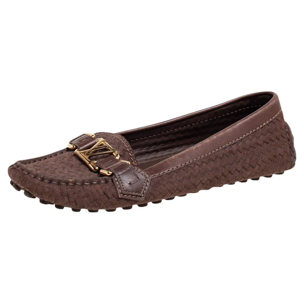 Louis Vuitton Brown Woven Suede and Leather Slip-On Oxford Loafers Size 35.5 For Sale