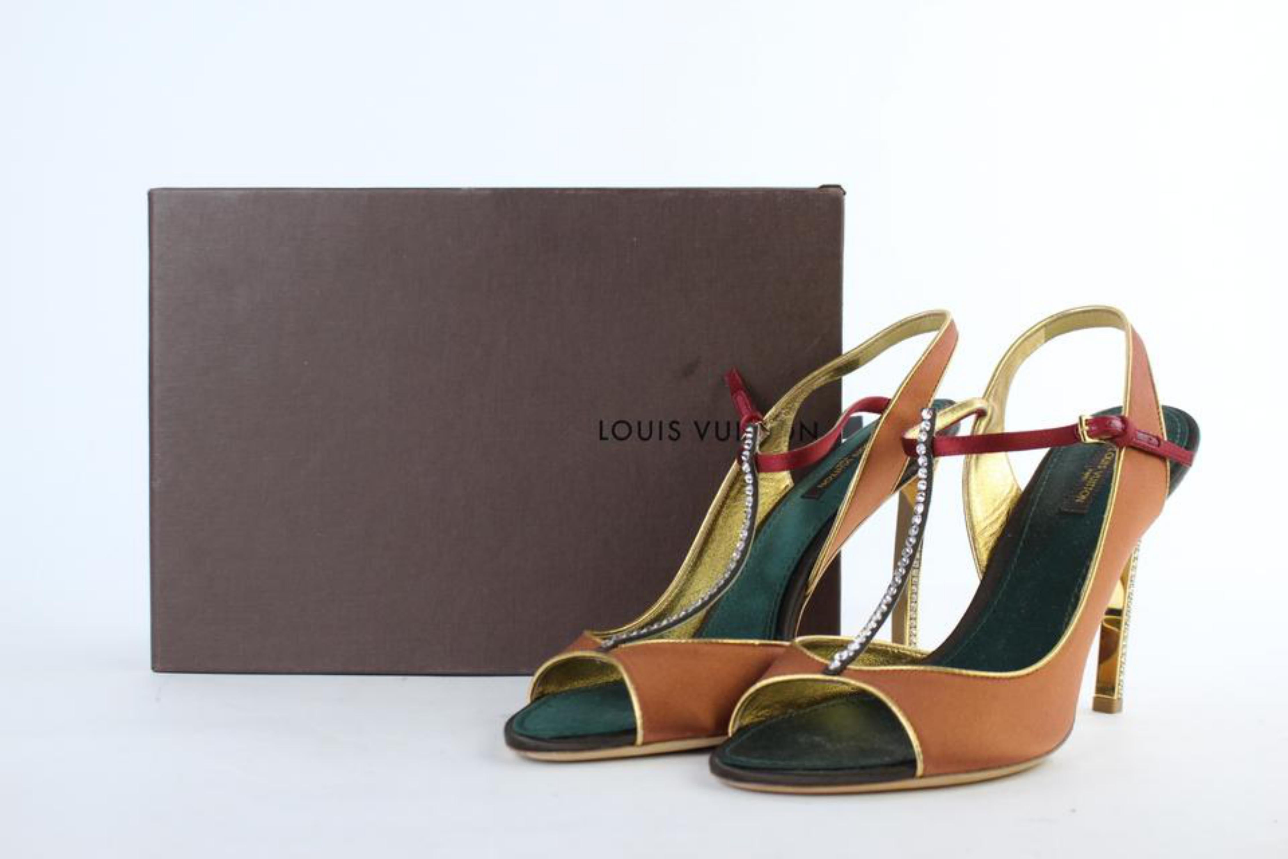 Louis Vuitton Brown X Green Runway Front T-strap Crystal Heels 3lt927 Pumps For Sale 6