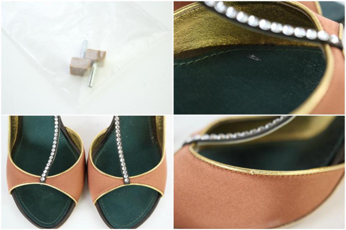 Louis Vuitton Brown X Green Runway Front T-strap Crystal Heels 3lt927 Pumps For Sale 1