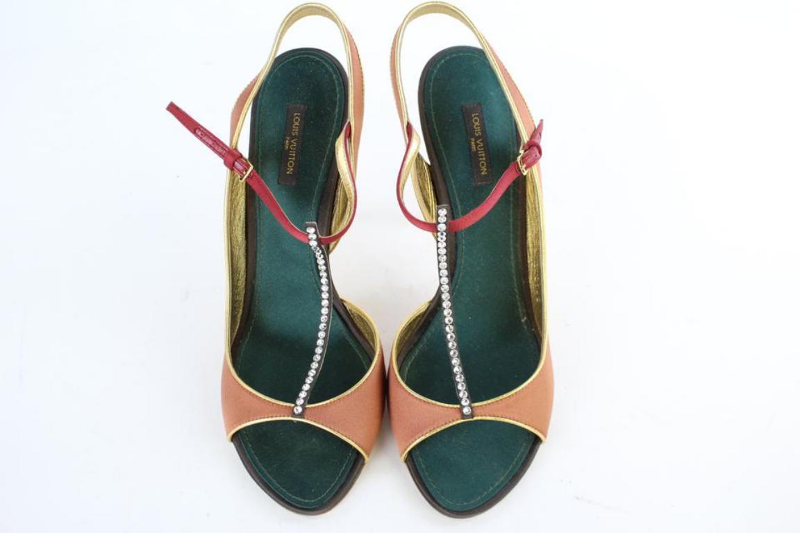 Louis Vuitton Brown X Green Runway Front T-strap Crystal Heels 3lt927 Pumps For Sale 2