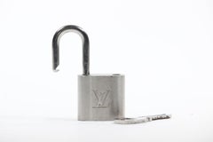 Louis Vuitton Brushed Silver Matte Padlock and Key Bag Charm Lock Set 7LZ1102