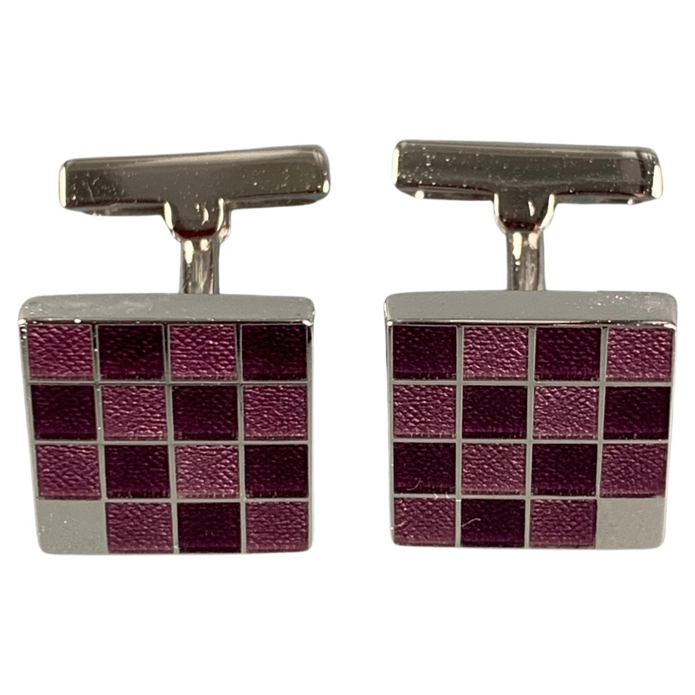 LOUIS VUITTON Burgundy Checkered Leather Enamel Damier Sterling Silver Cuff Link