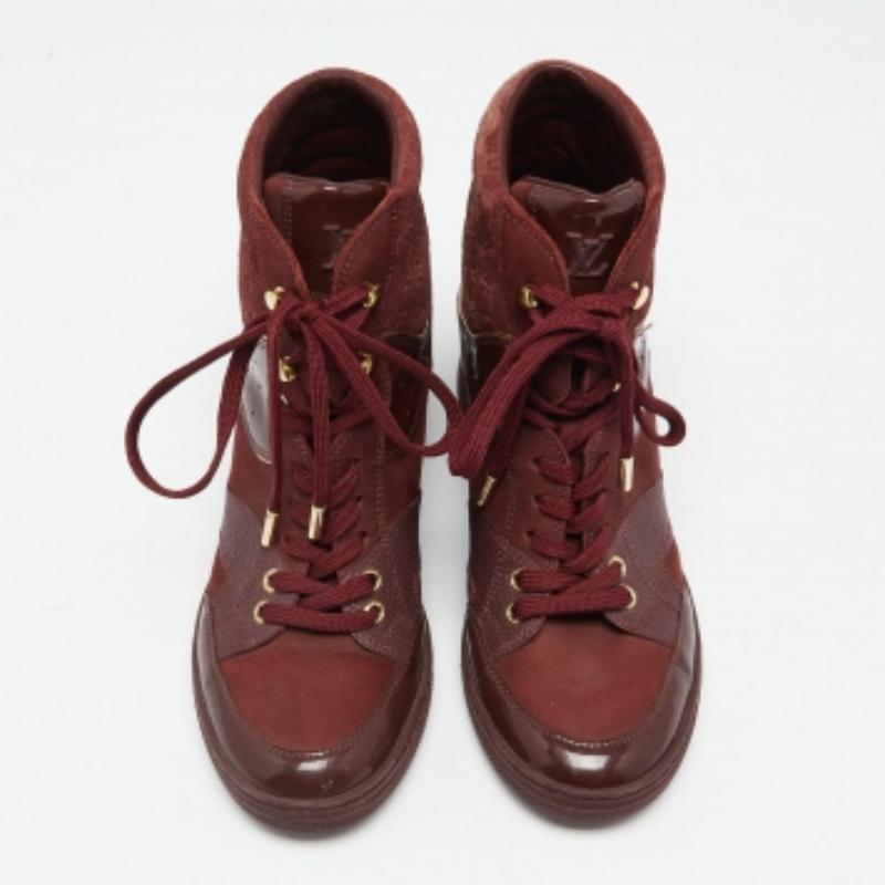 Louis Vuitton Burgundy Leather And Monogram Suede Millenium Sneakers Size 36.5 en vente 4