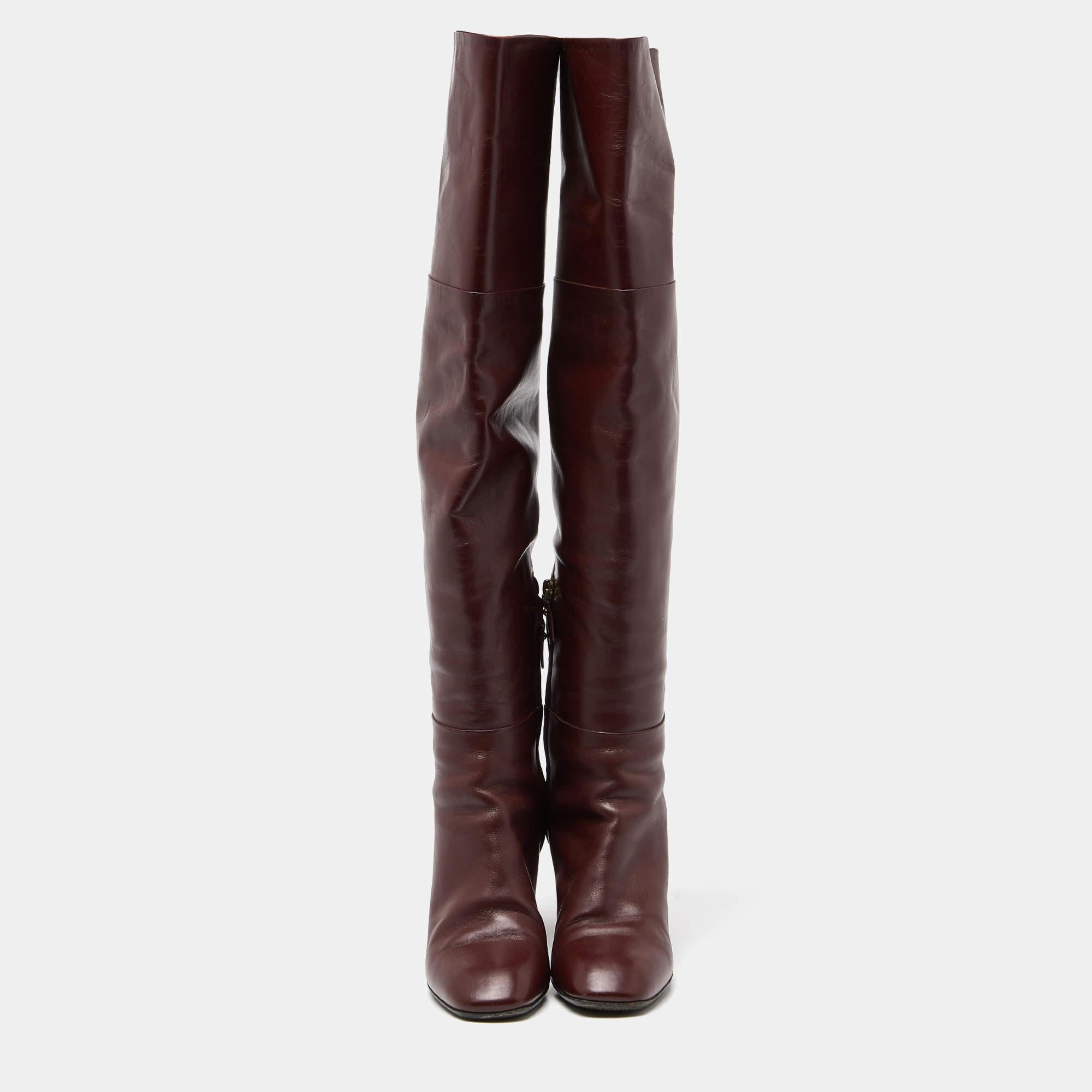 Black Louis Vuitton Burgundy Leather Over The Knee Length Boots Size 39 For Sale