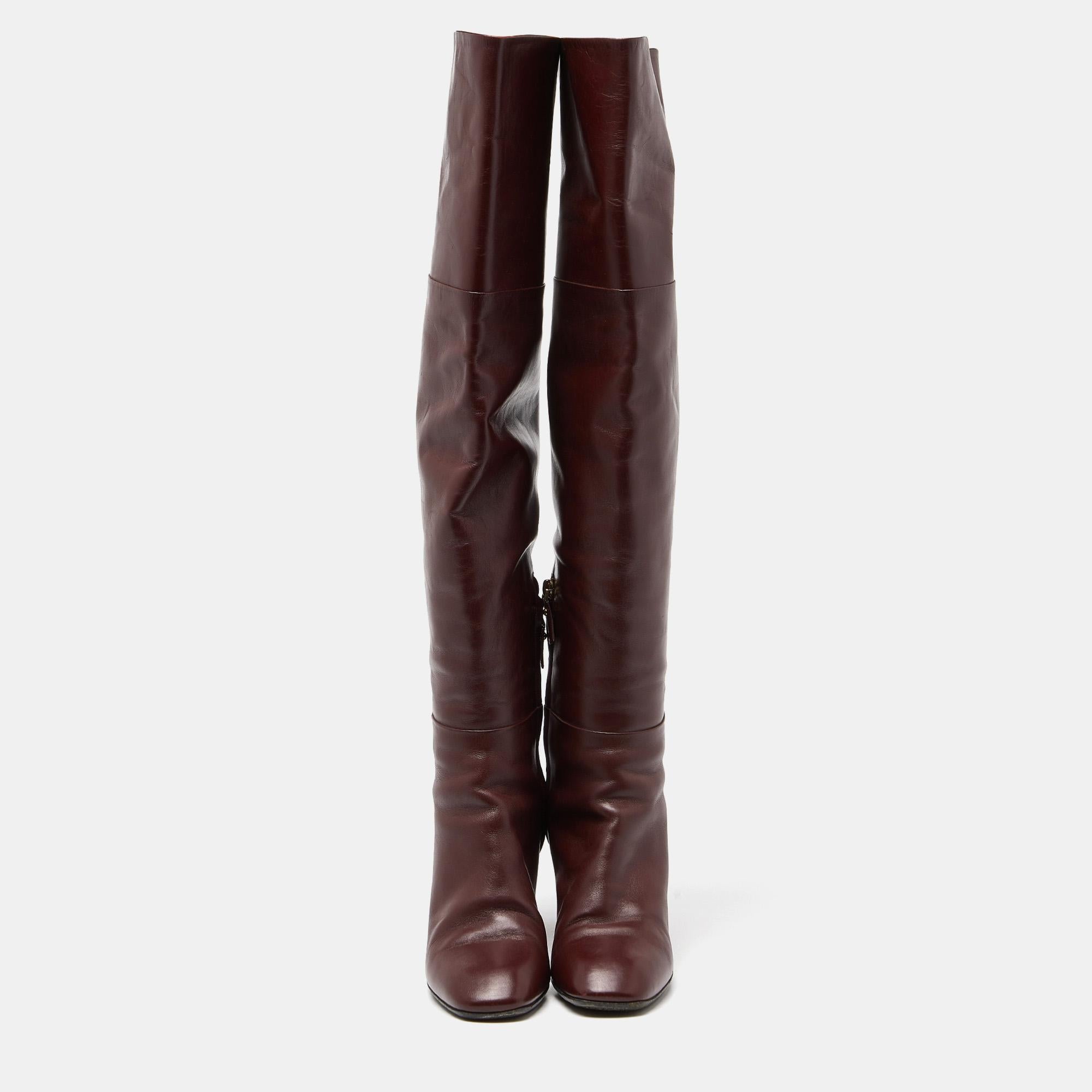 Black Louis Vuitton Burgundy Leather Over The Knee Length Boots Size 39