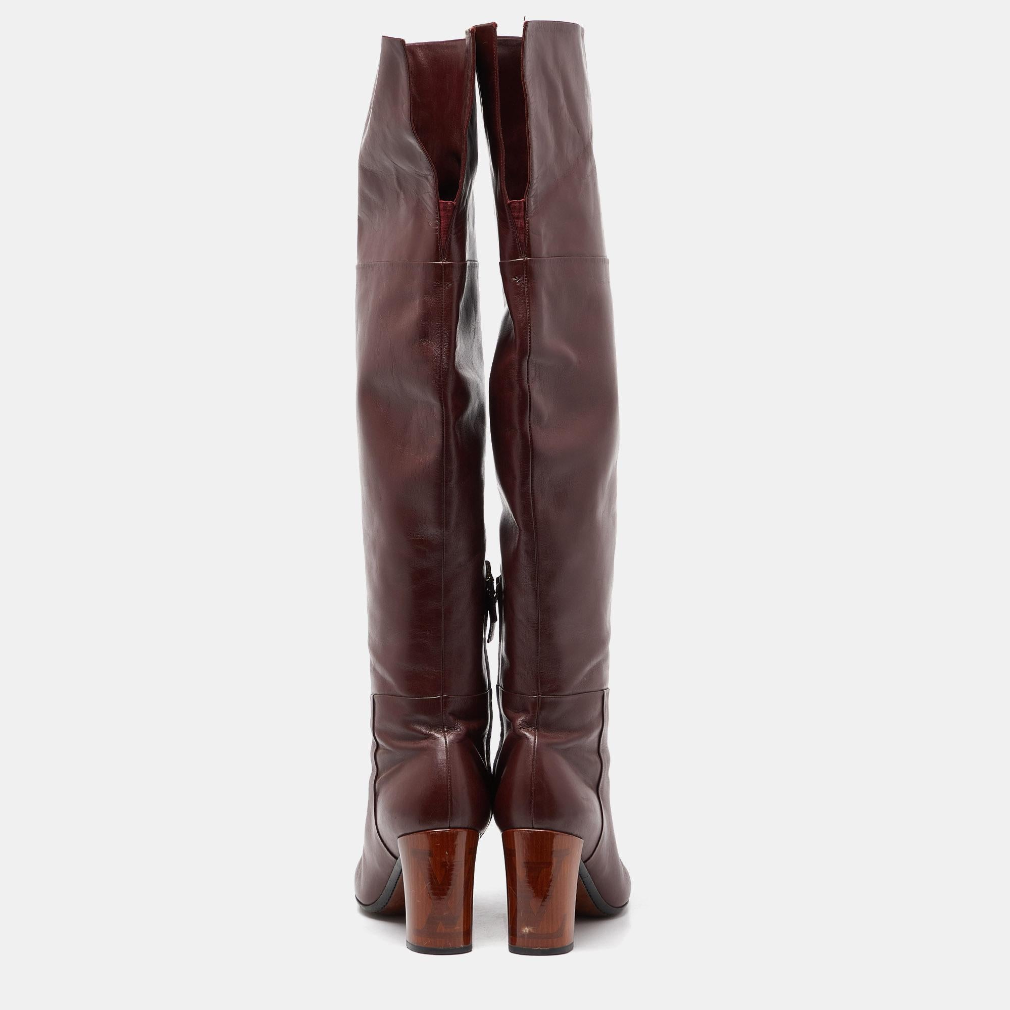 Women's Louis Vuitton Burgundy Leather Over The Knee Length Boots Size 39