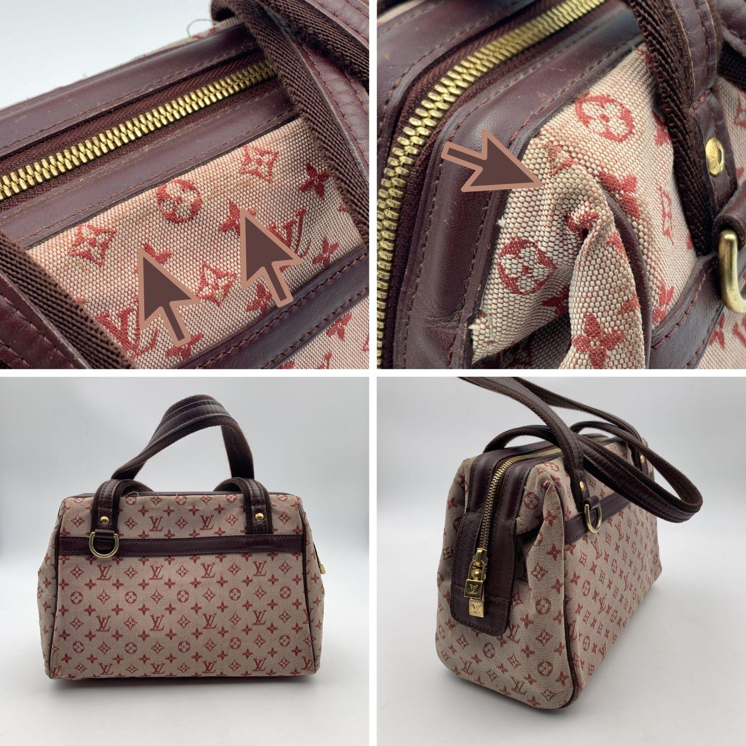 Louis Vuitton burgundy monogram Mini Lin Canvas Josephine PM Bag. Canvas and leather handles and leather trim. Zip closure on top. Pink lining. Golden brass pieces. 5 bottom feet. 1 interior zip pocket and 1 side open pocket inside. D-ring inside.