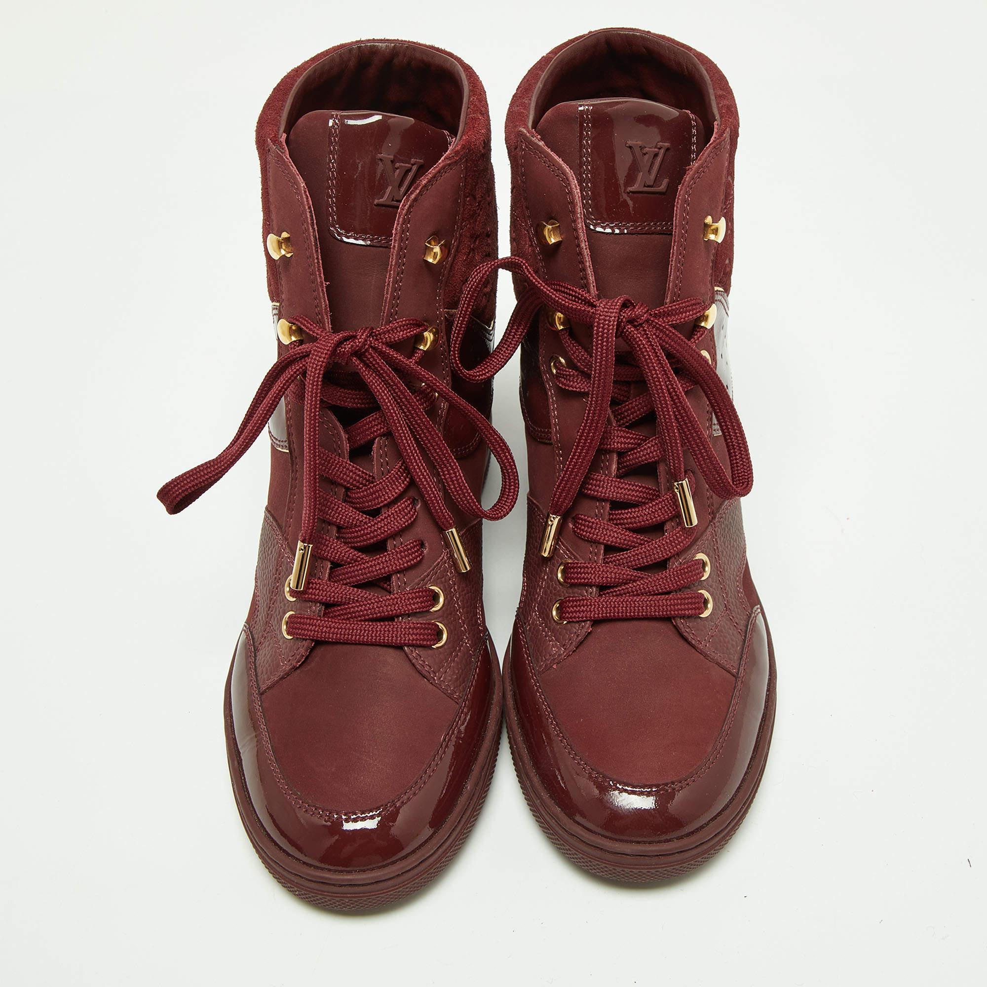 Louis Vuitton Burgundy Monogram Suede and Leather Millennium Wedge Sneakers  2