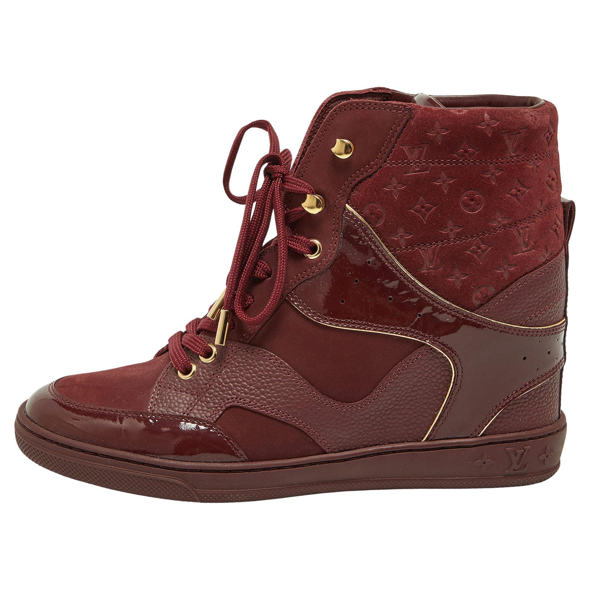 Louis Vuitton Burgundy Monogram Suede and Leather Millennium Wedge Sneakers 