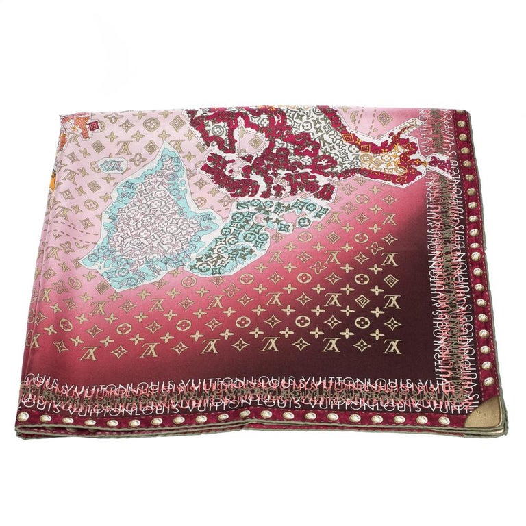 Louis Vuitton Burgundy Ombre Monogram Map Silk Square Scarf at 1stDibs