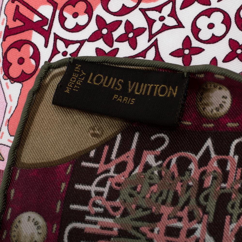 Brown Louis Vuitton Burgundy Ombre Monogram Map Silk Square Scarf
