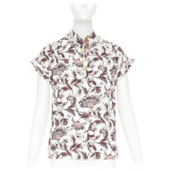 LOUIS VUITTON burgundy paisley floral print LV logo button ruffled shirt FR34 XS